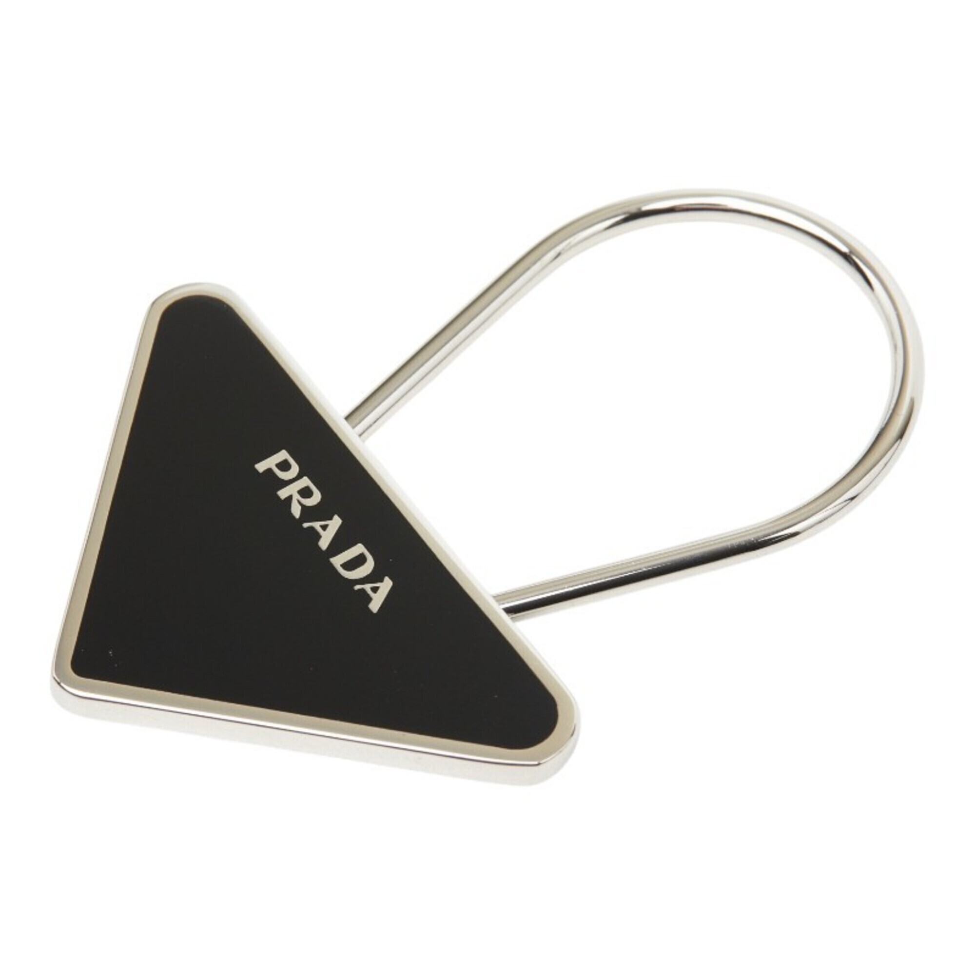 Prada Triangle Logo Plate Keyring Keychain Silver Black Metal Women's Prada